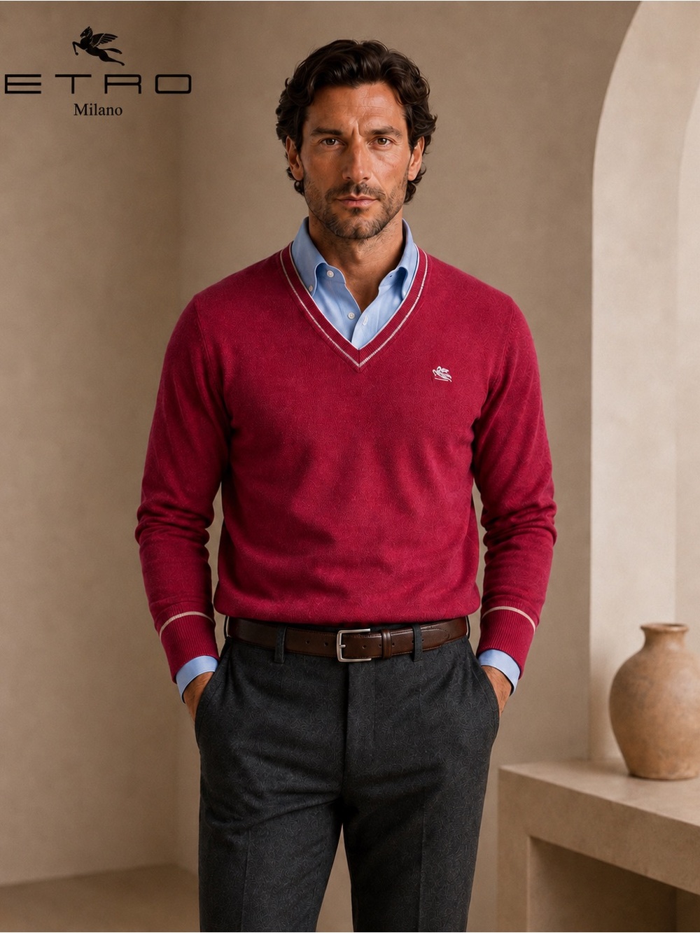 Etro Men's V-Neck Wool Sweater in Berry Red with Contrast Trim NWT Size XL